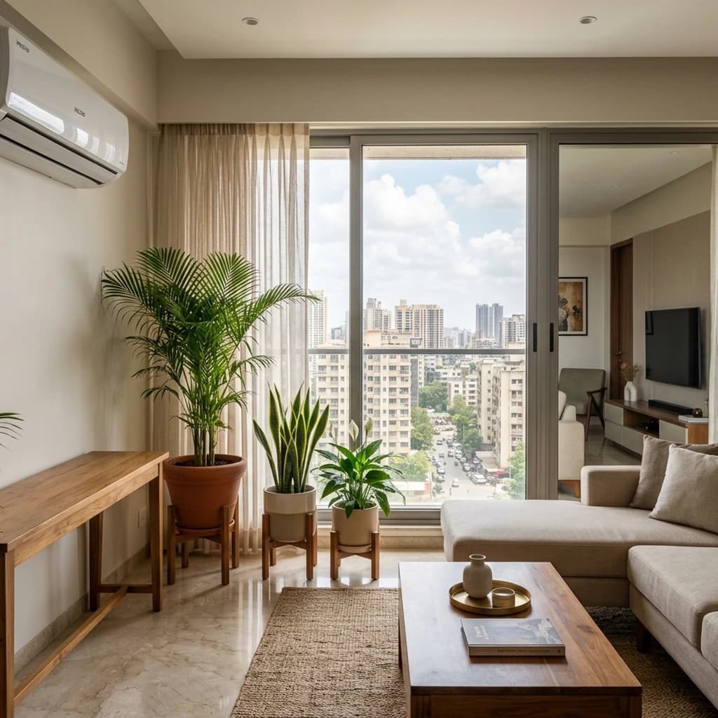Professional positioning of indoor plants on wooden stands in sunny living room