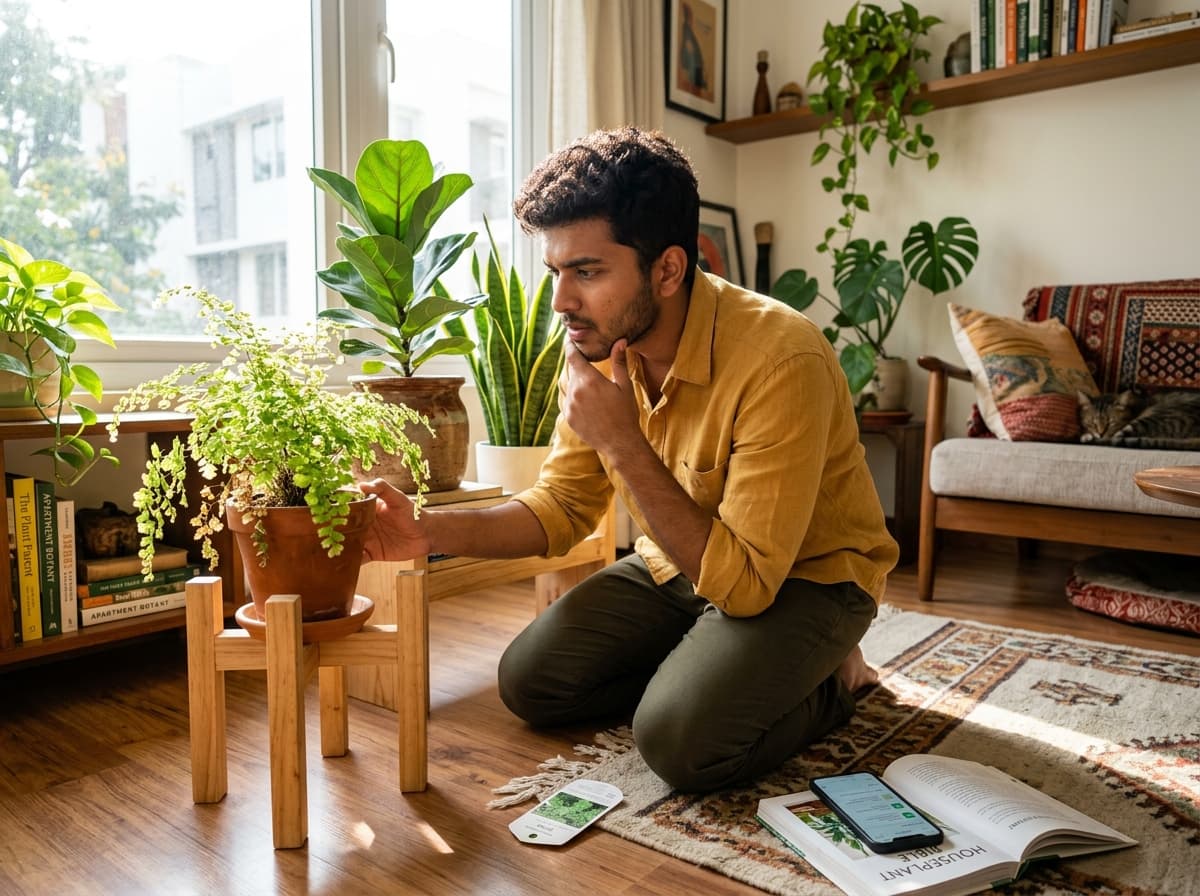 Young adult thoughtfully comparing indoor plants under apartment window light