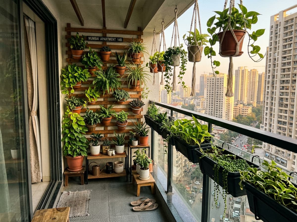 Small modern Indian apartment balcony with vertical garden maximizing compact 2-foot space